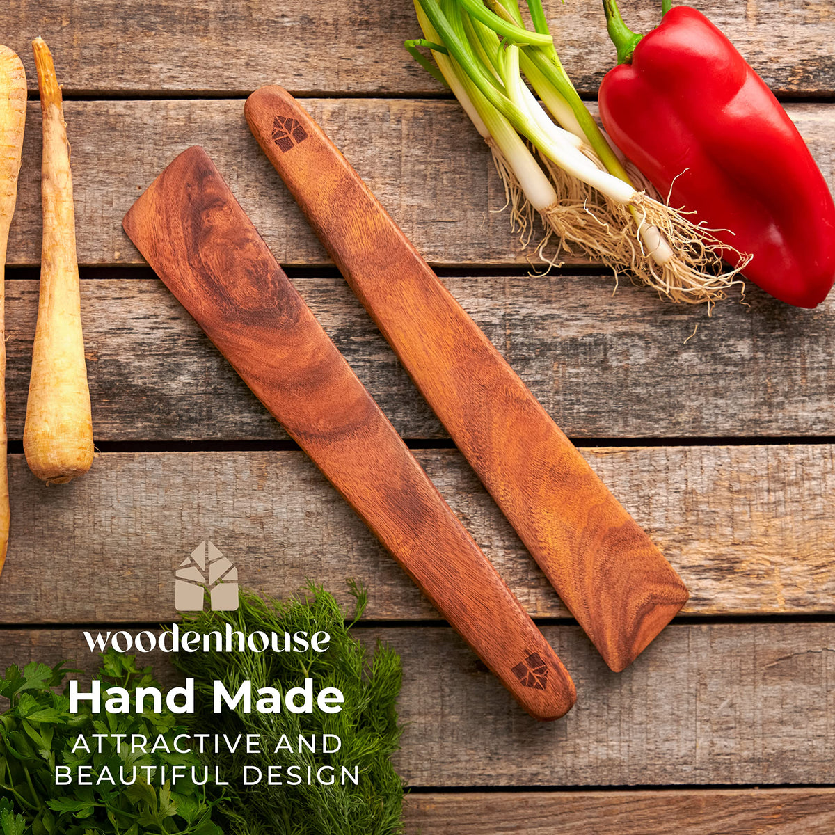 Wooden Spatula for Cooking Set of 2-12 Inch Teak Spatula for Non Stick Frying Pan - Turner & Flipper for Cast Iron, Egg & Pancake Scraper - BPA Free & Heat Resistant Wooden Cooking Utensils