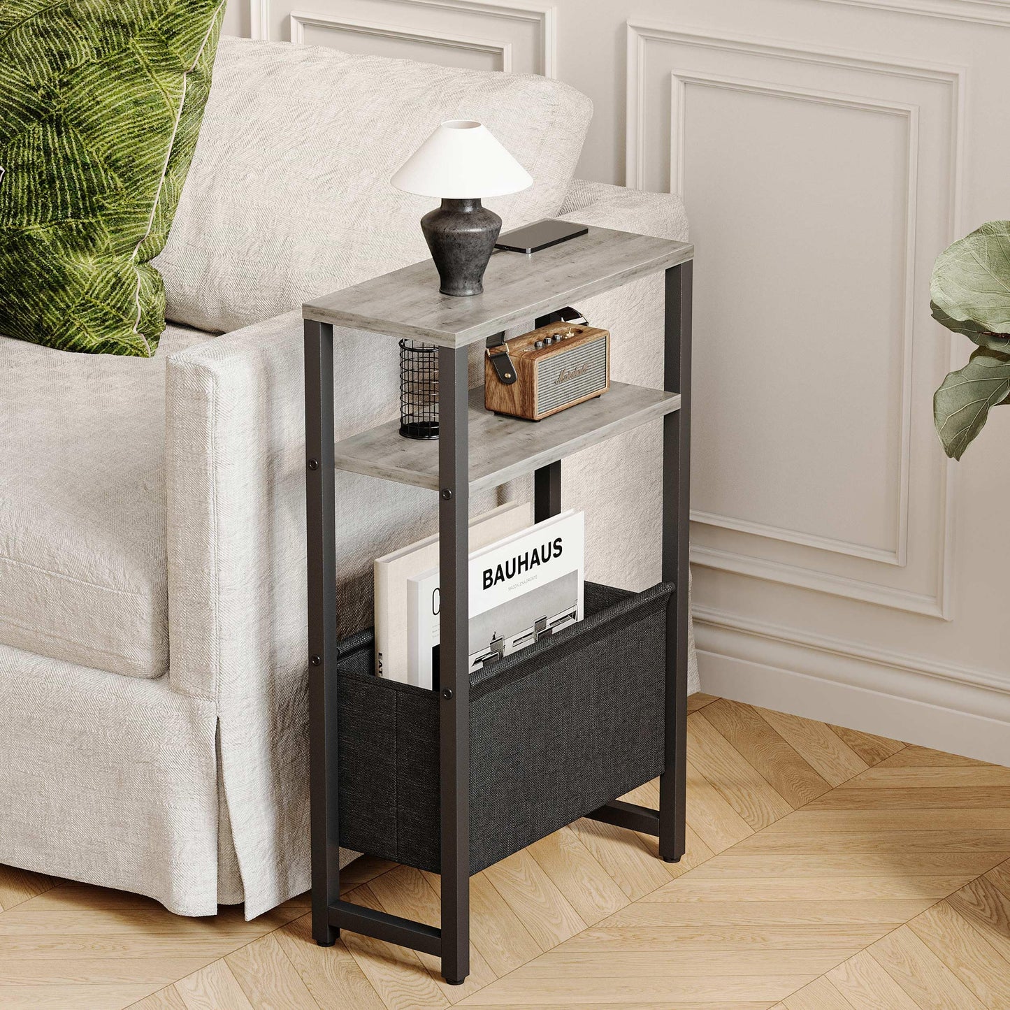 IRCPEN Narrow Side Table with Charging Station Slim End Table Sofa with Magazine Rack, Bedside Table for Small Spaces, 3 Tier Nightstand for Living Room Couch, Bedroom Oak Grey LET503QE