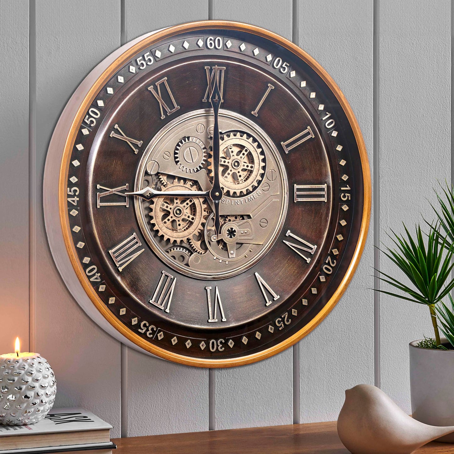 CLXEAST 24 Inch Wall Clock with Moving Gears,Oversized Large Industrial Steampunk Style, Antique Gold Metal Roman Numeral Wall Clocks for Farmhouse Living Room Decor