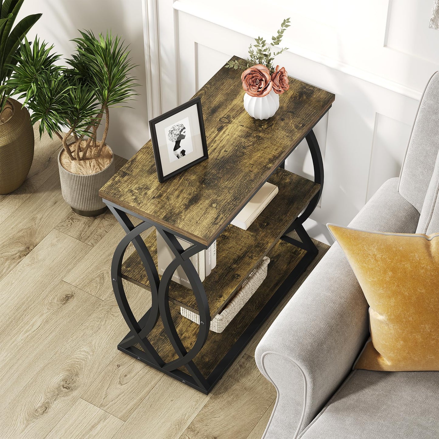 FJLHOHG End Table, Narrow Side Table, 3-Tier End Table with Metal Frame, Living Room Side Table with Storage for Couch, Sofa, Bedroom, Small Spaces, Easy Assembly, 23.6"D*11.8"W*23.6"H, Rustic Brown