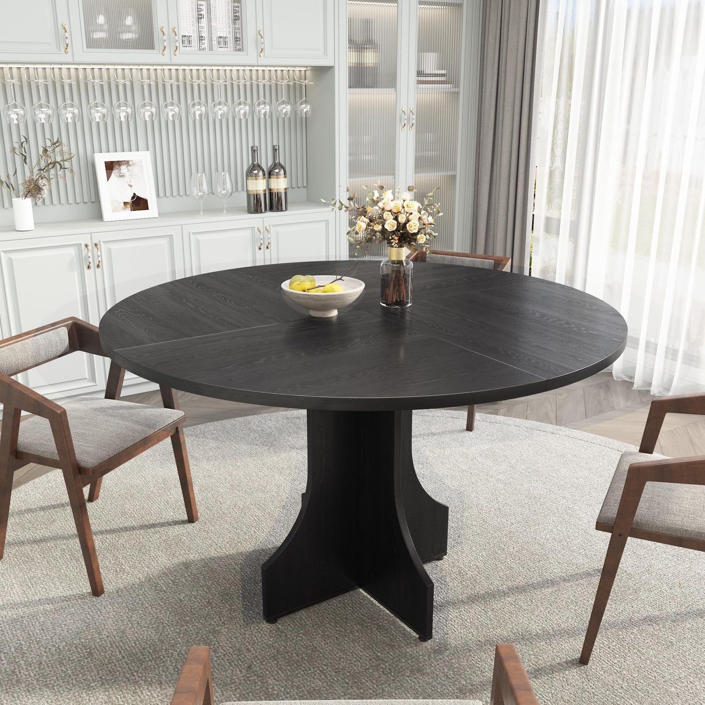 Round Dining Table 47 Inch for 4-6 People, 0.98 Inch Thick Tabletop with Adjustable Feet, Sturdy Legs, Easy to Clean & Assemble, Modern Kitchen Dining Room Table for Small Space Apartment, Black