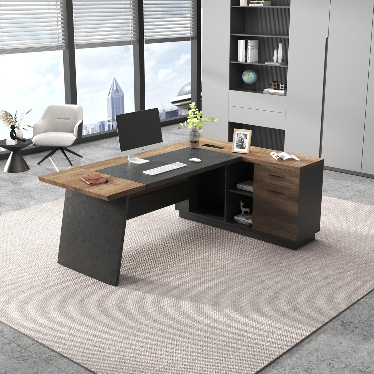SAINTCY L-Shaped Executive Desk, 78.74 Inches Large Office Desk, Modern Computer Table Set with Drawers & Storage Shelves, Business Workstation for Home Office, Right Return