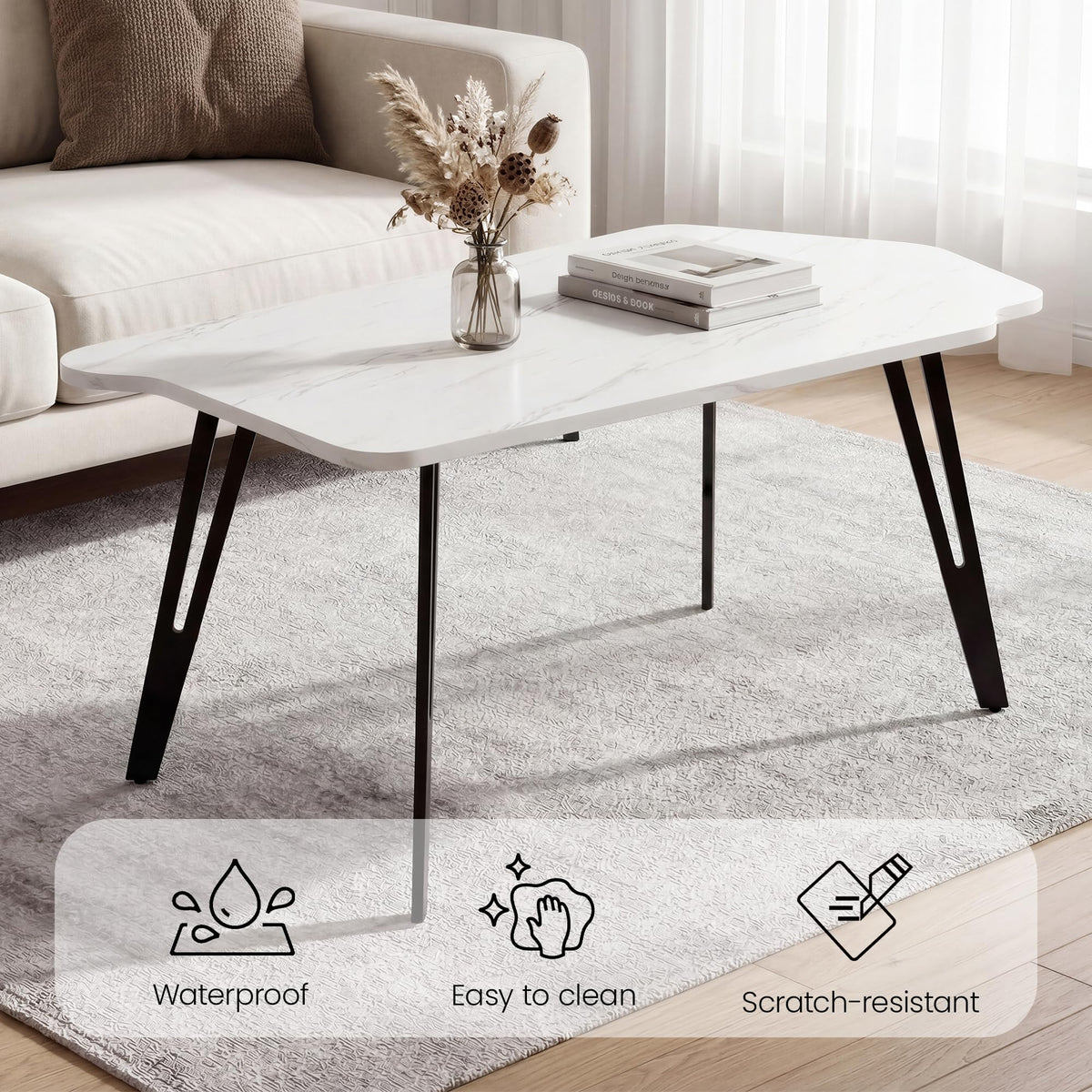 Manora Irregular Marble Pattern Coffee Table, Modern Small Center Table with Unique Shape Top, Faux Marble Wood Table for Living Room, Home Office, Apartment, Minimalist Accent Tea Table
