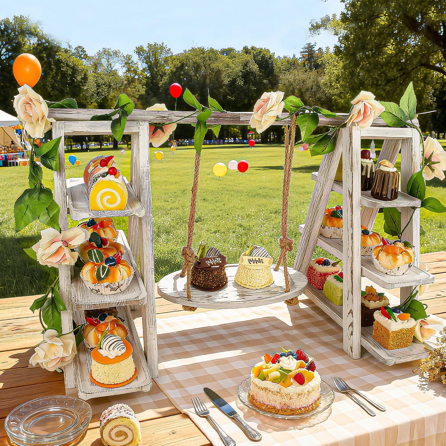 Wisreach Wooden 3 Tier Cupcake Stand with Swing and Flower Decoration Serving Removable Tray Display Serving Ladder Foldable Stand with Serving Platter Tray Party Food Display Set for Cake Snack Fruit Chips Bread Centerpieces Catering