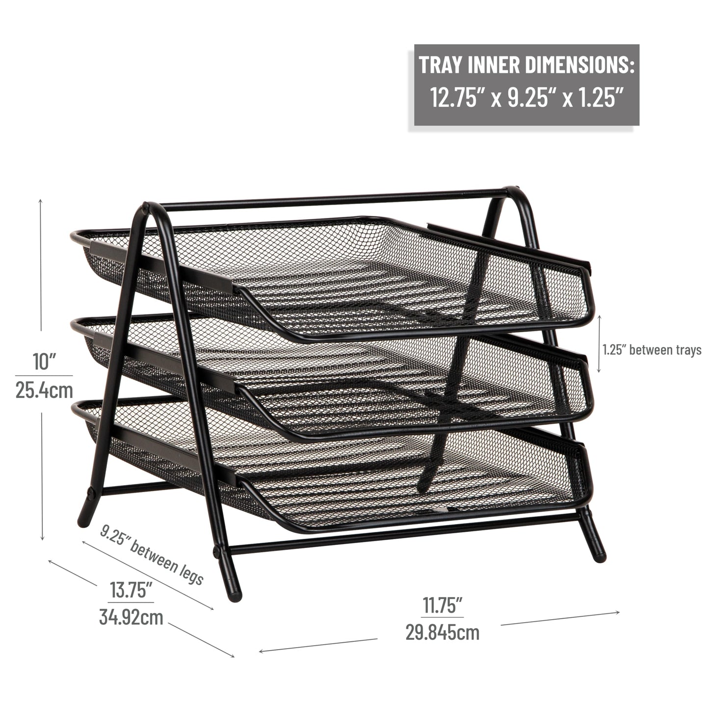 Mind Reader 3-Tier Paper Tray, Desktop Organizer, File Storage, Workspace, Office, Metal Mesh, 11.75"L x 13.75"W x 10"H, Black