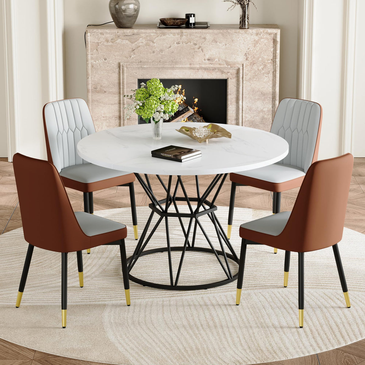 KEIKI Round Dining Table Set for 4, 47.3" White Faux Marble Kitchen Table with Black Metal Base & 4 Brown Gray PU Leather Chairs, Modern Industrial Dining Room Set with Gold Accent for Apartment