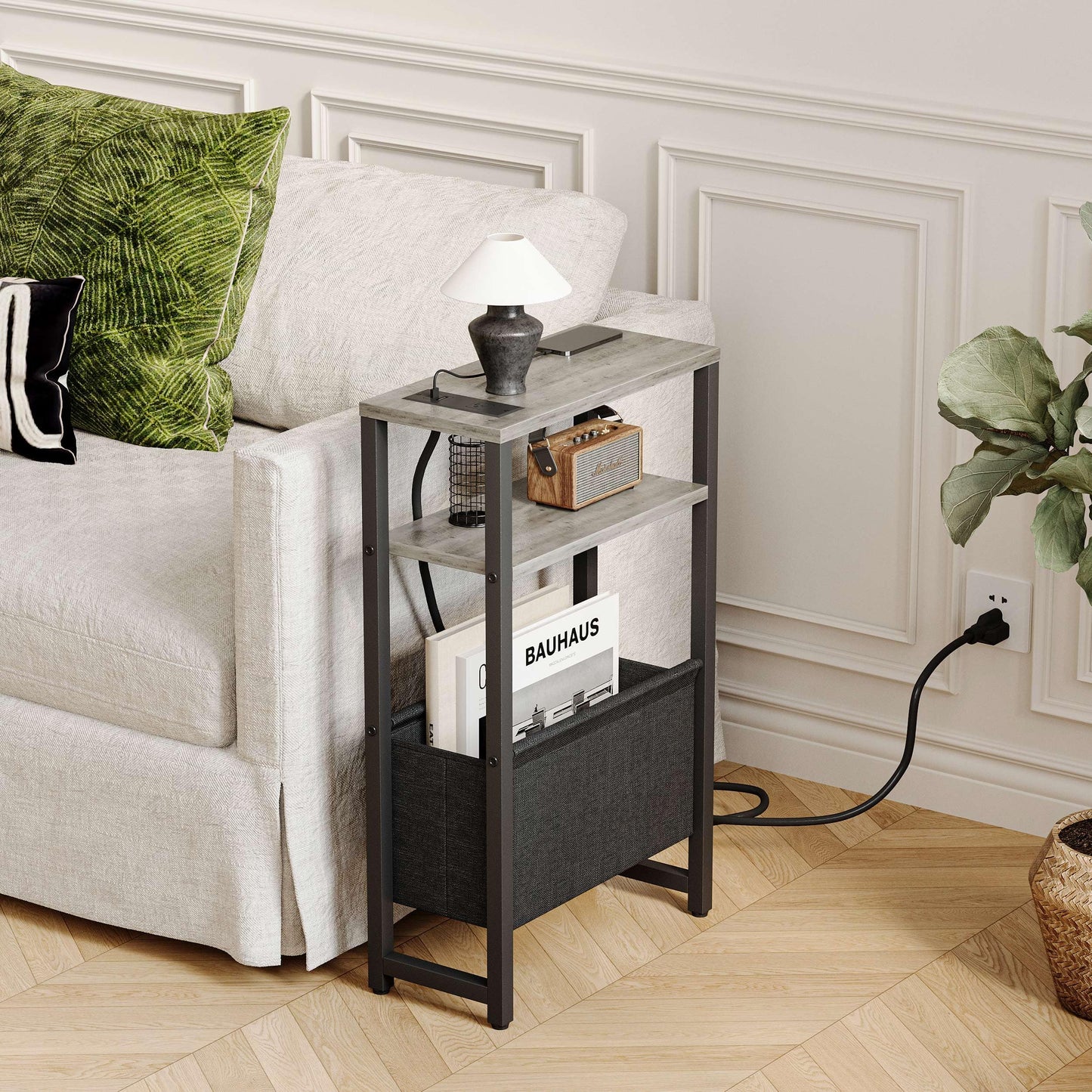 IRCPEN Narrow Side Table with Charging Station Slim End Table Sofa with Magazine Rack, Bedside Table for Small Spaces, 3 Tier Nightstand for Living Room Couch, Bedroom Oak Grey LET503QE