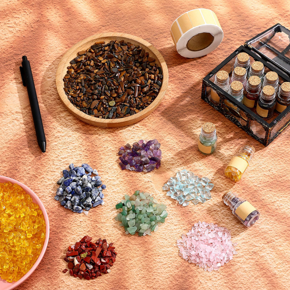 LemonRoad 120 Pcs Crystal Chips Gemstone Bottles Set Include 50 Pcs Gemstone Bottles 12 Colors of 1200g Healing Crystals Chips Wicca Gem Stones Kit Witch Gifts Craft Supplies
