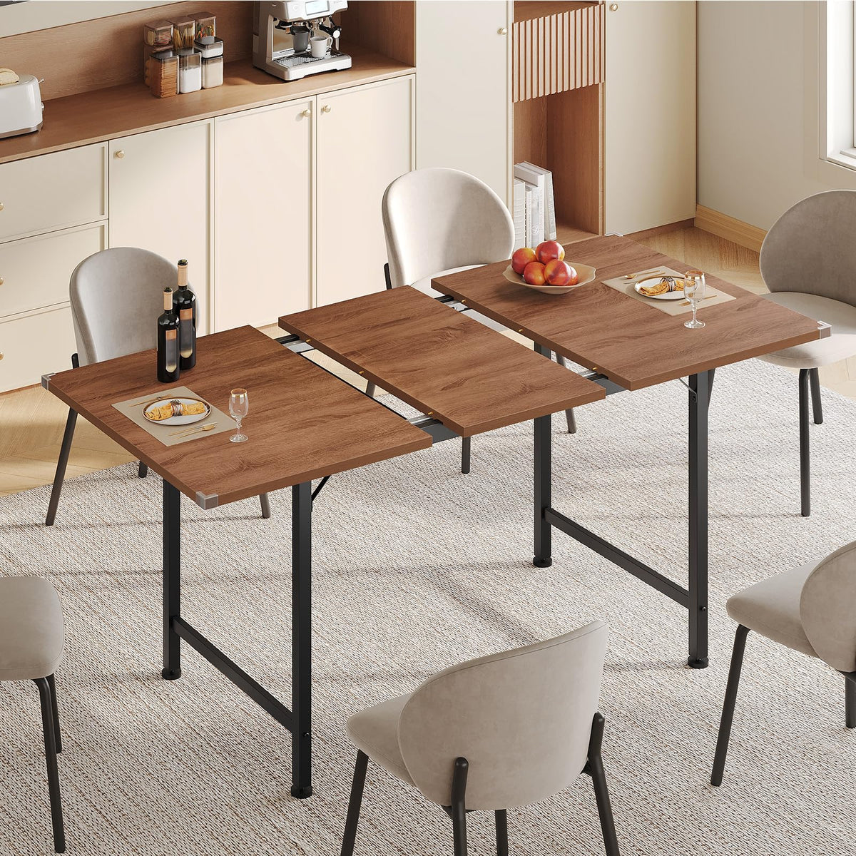 STHYTON 47.2"-63" Extendable Dining Table, Kitchen Table for 4-8 People, Modern Dinner Tables Furniture for Dining Room, Kitchen, Office, Living Room, Space Saving, Walnut and Black