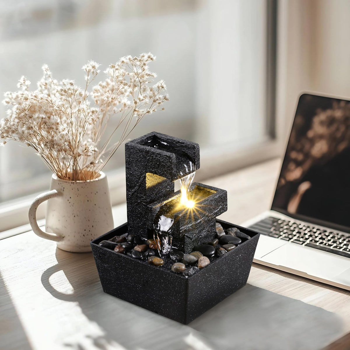 Zeitklang 21.6 Inch Modern Black Tabletop Water Fountain with LED Light – Indoor Waterfall Feature for Home or Office Décor, Zen Relaxation Desktop Water Fountain