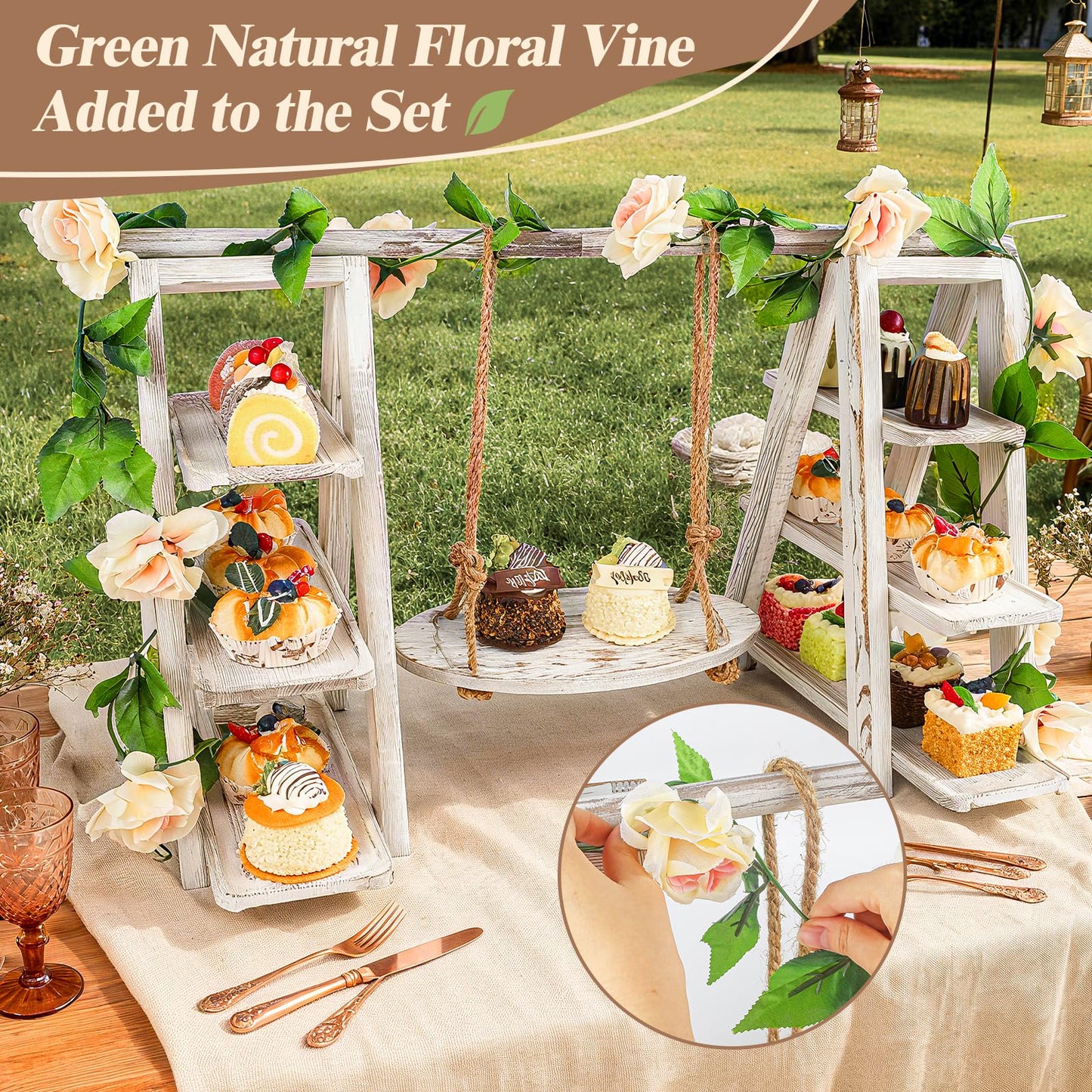 Wisreach Wooden 3 Tier Cupcake Stand with Swing and Flower Decoration Serving Removable Tray Display Serving Ladder Foldable Stand with Serving Platter Tray Party Food Display Set for Cake Snack Fruit Chips Bread Centerpieces Catering