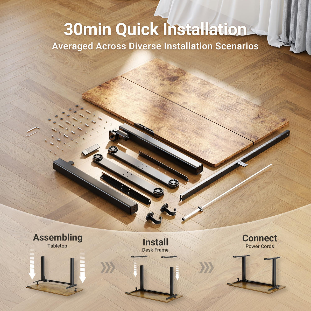Claiks Electric Standing Desk, Adjustable Height Stand up Desk, 24x48 Inches Sit Stand Home Office Desk with Splice Board, Black Frame/Rustic Brown Top