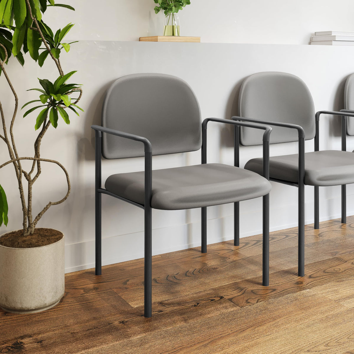 Flash Furniture Tiffany Side Reception Chair with Armrests, Stackable Vinyl Waiting Room Chair for Commercial or Residential Use, Gray
