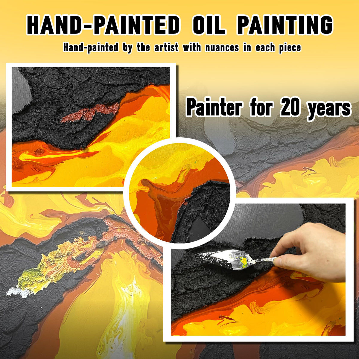Abstract Lava Flow Canvas Wall Art for Living Room, Black and Gold Yellow Wall-Decor for Bedroom, Modern Textured Volcanic Landscape Paintings for Hallway Office, Size 58x29 Inches Hand Painted