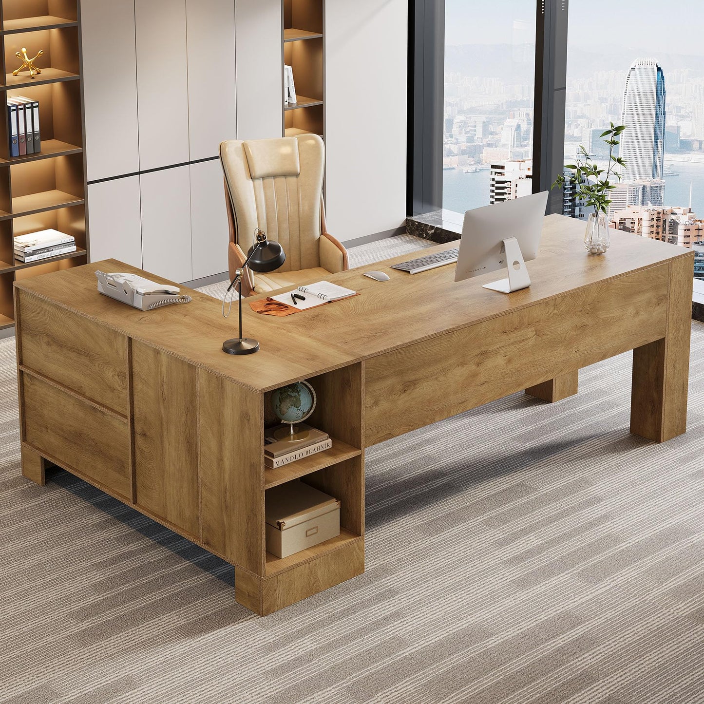 Tribesigns L-Shaped Executive Desk, 78-Inch Office Desk with Storage Cabinet and 2-Tier Shelf, Large Wooden Computer Writing Table Business Furniture Workstation for Home Office, Brown