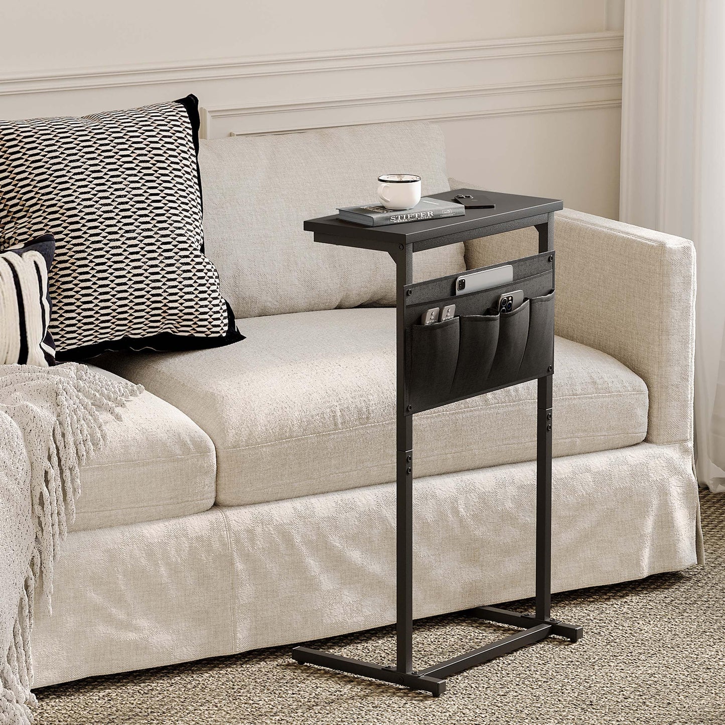 IRCPEN C Shaped End Table, Side Table for Sofa, Small TV Tray, Couch Table with Storage Bag for Small Space, Living Room, Bedroom, Home Office LET501B (Black)