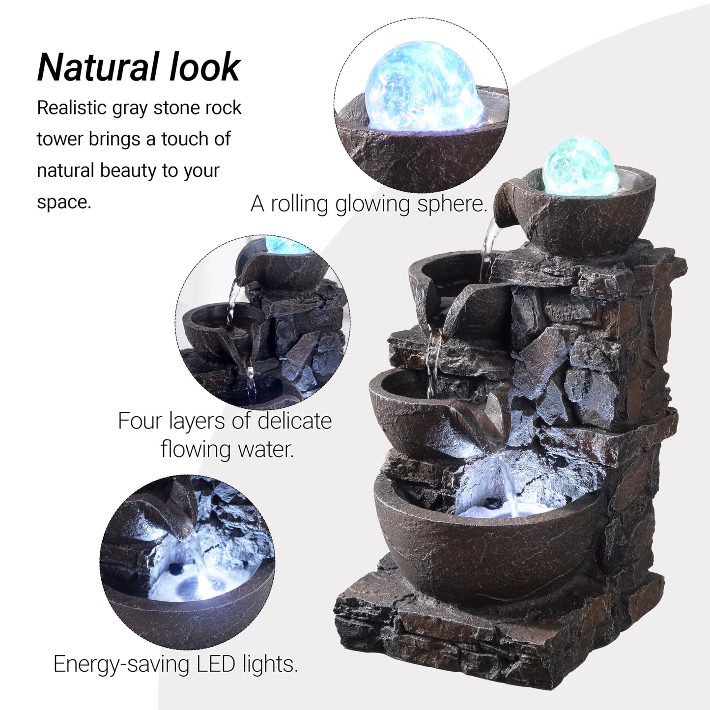 MSEONWXI Indoor Tabletop Fountain with 4-Tier Stone Bowls, Rolling Crystal Ball & LED Lights – Tranquil Waterfall Decor for Home, Office or Zen Space (23066)