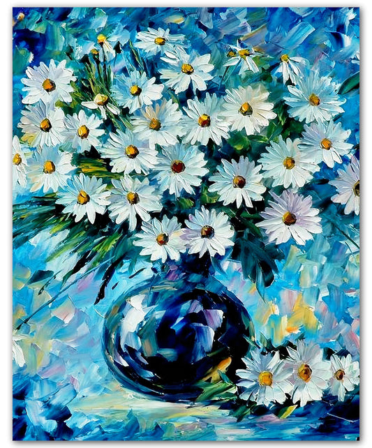 ZUKIY Blue Daisy Bouquet Painting - 8x10 Unframed Daisy Bouquet Wall Art - Scandinavian Floral Poster Art for Bedroom Office Living Room Hallway or Gallery Wall - Colorful Nordic Decor Poster