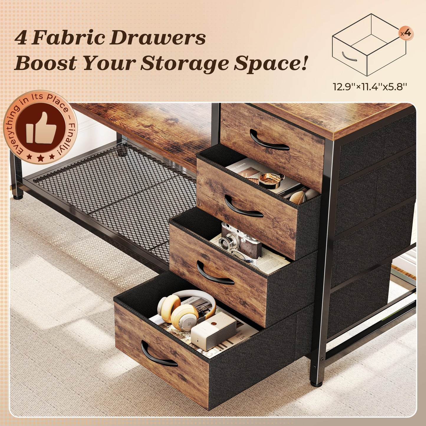 PRAISUN 61" L Shaped Desk with Power Outlets and USB-C Port, Reversible Computer Corner Office Desk with 4 Fabric Drawers and 2 Height-Adjustable Shelves, Large for Gaming Writing Study, Rustic Brown