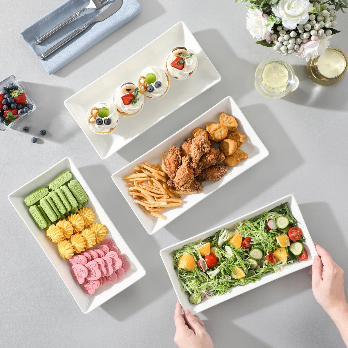 MALACASA Serving Platters Set of 4, Ceramic Serving Platters and Trays for Serving Food, Rectangular Serving Trays for Party, Large Serving Plates, Party Serving Trays and Platters - 12 Inch, White