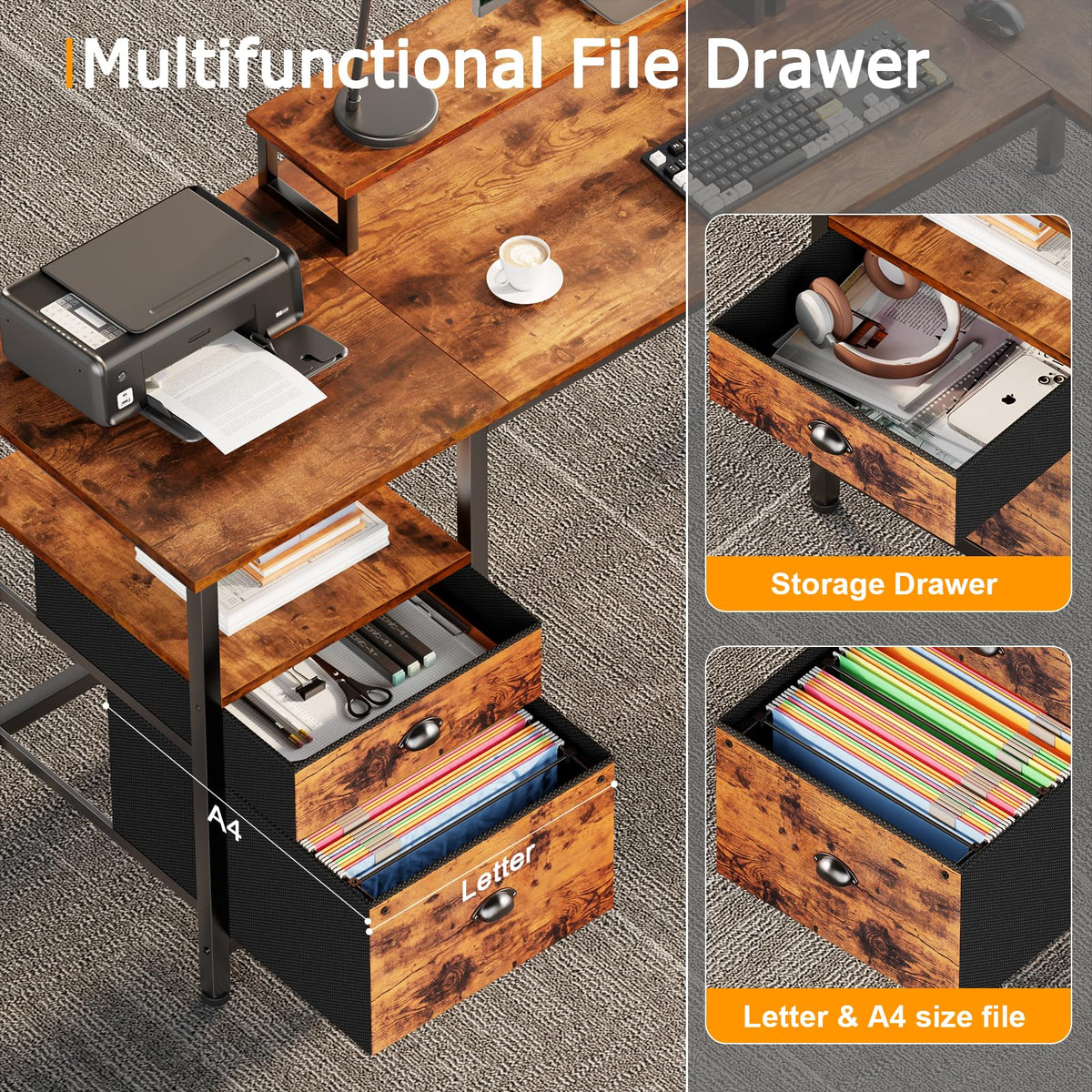 Furologee 66” L Shaped Desk with Power Outlet, Reversible Home Office Desk with File Drawer, 2 Monitor Stands, Storage Shelves, Corner Computer Table for Gaming, Writing, Rustic Brown