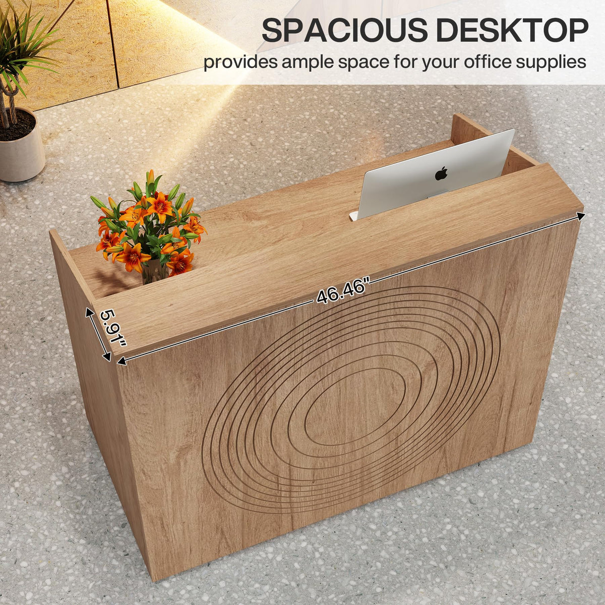 Tribesigns Reception Desk with Counter, Modern Front Desk Reception Room Table with Cable Grommet, 47 inch Retail Counter for Checkout, Lobby, Beauty Salon, Home Office Desk, Oak