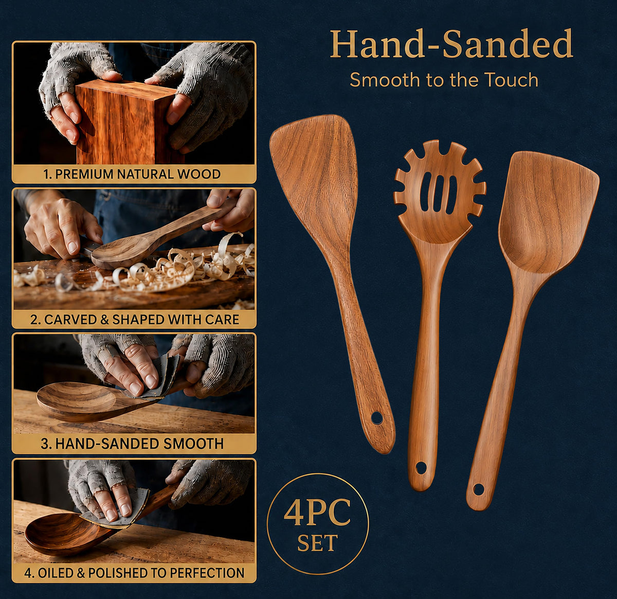 Extra-Large 4-Piece Teak Wooden Utensil Set – Non-Stick Wooden Spatula for Cooking, Skimmer Spoon & Spaghetti Spoon – Non Toxic Cooking Utensils