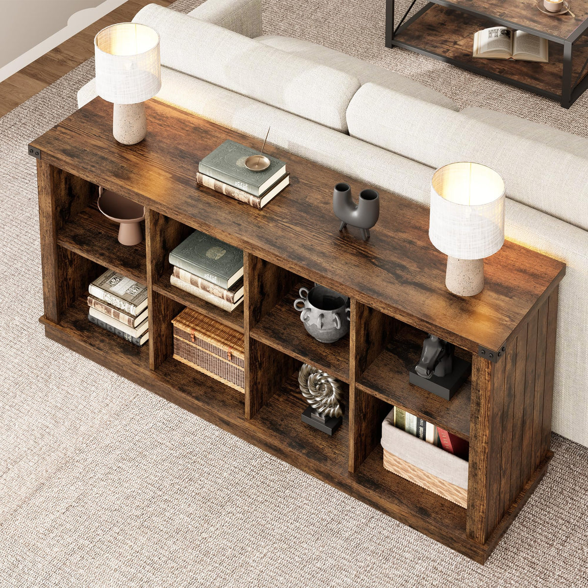 Garvee 8 Cube Book Shelf, Rustic Farmhouse Wood Horizontal Bookshelf, Long Freestanding Bookcase Cabinet, 2-Tier Storage Organizer for Living Room, Entryway, Office, Retro Brown