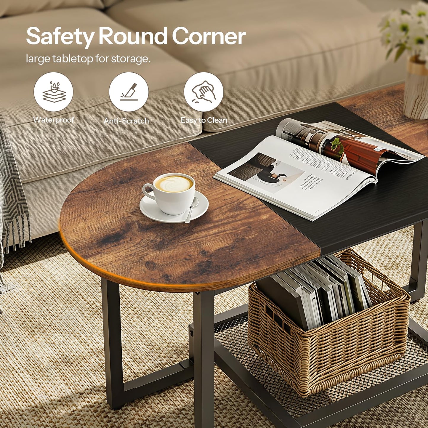 HOOBRO Coffee Table, Oval Small Coffee Table with 2-Tier Storage Shelf, Narrow Modern Center Table for Small Spaces, Living Room, Bedroom, Office, Rustic Brown and Black BFK12KF01