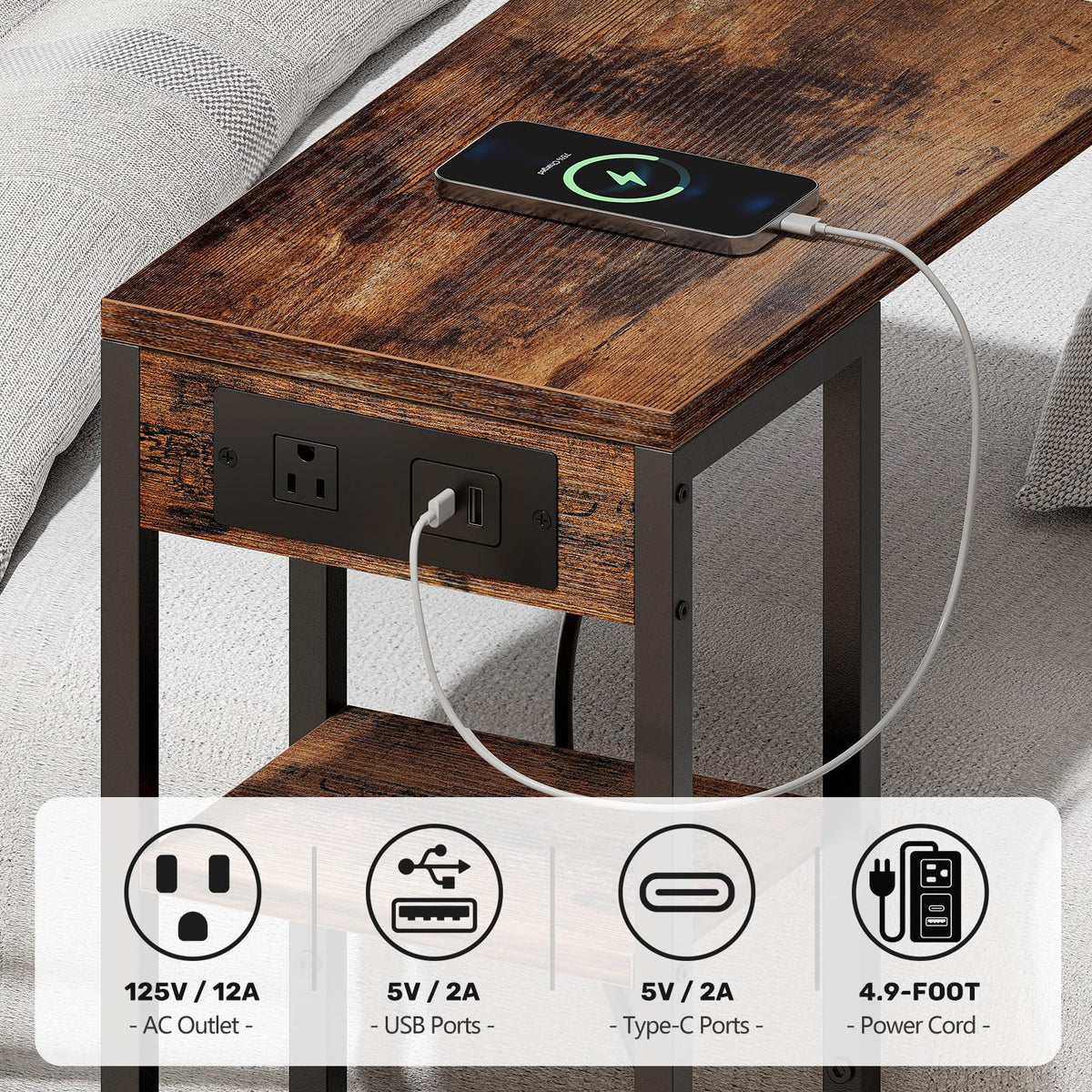 Yuede C Shaped End Table with Charging Station,3-Layer Sofa C Table Side Table, Slide Under Sofa Desk Snack Tables with Storage Bag w/AC U-S-B Port & Socket,Small Spaces Drink Tables for Living Room