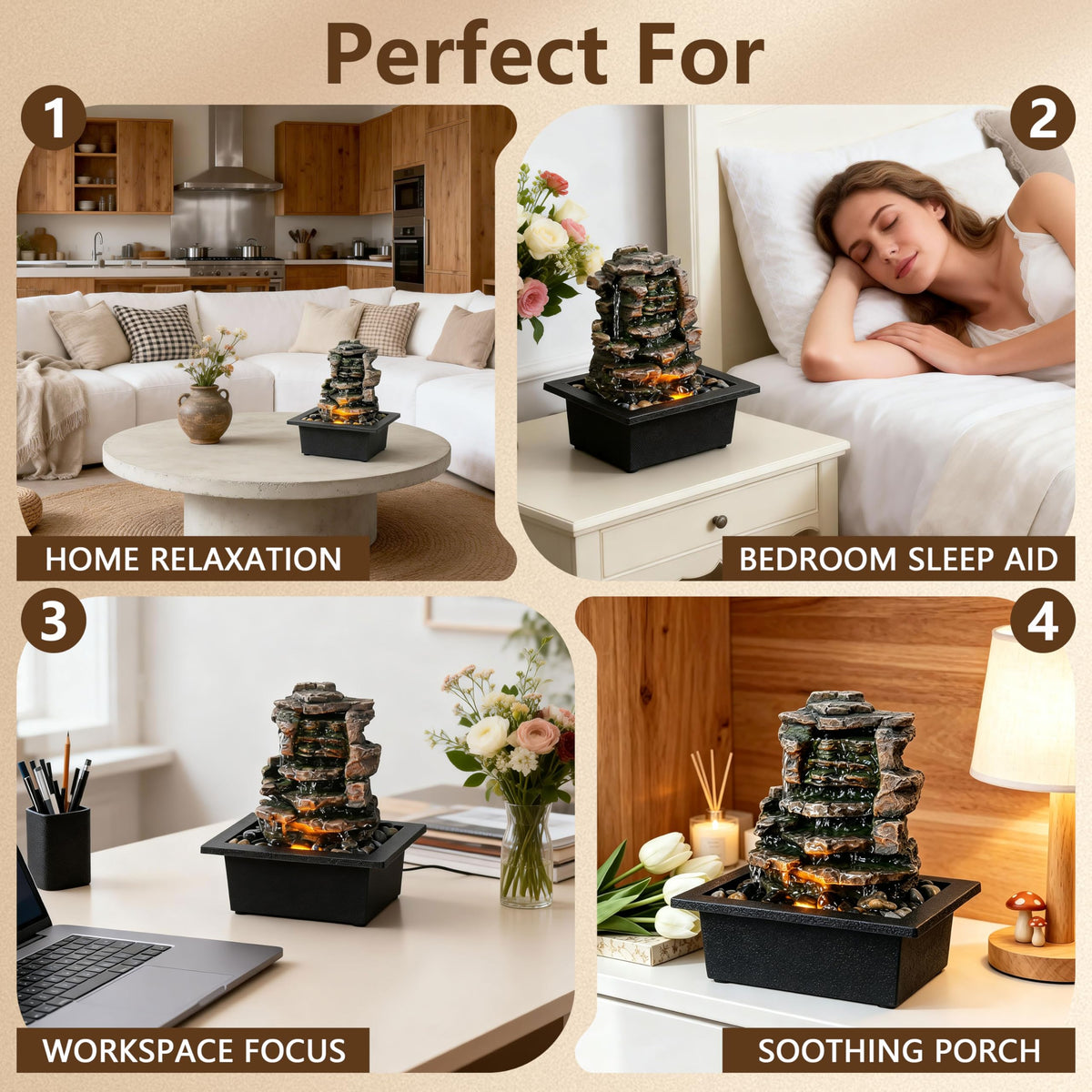 GOSSI Home Décor Waterfall Meditation Fountain Indoor Tabletop Many Natural River Rocks Decorated Office Home Tabletop Fountion with LED Lights Christmas Decorations