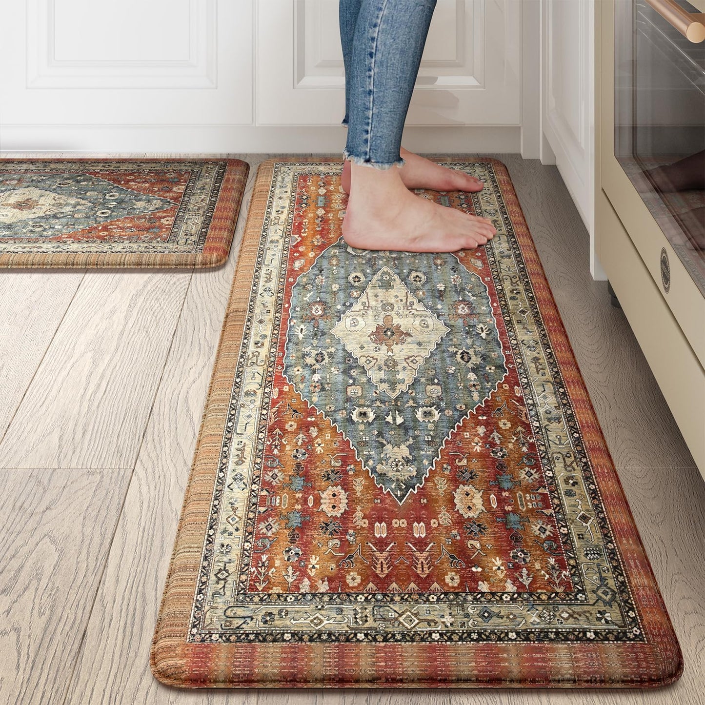 Collive Boho Kitchen Mats 2PCS, Cushioned Kitchen Mat for Floor Anti Fatigue Waterproof Kitchens Rugs Set of 2, Non Skid Comfort Standing Rug for Office, Sink, Laundry, 17.3"x29"+17.3"x47"