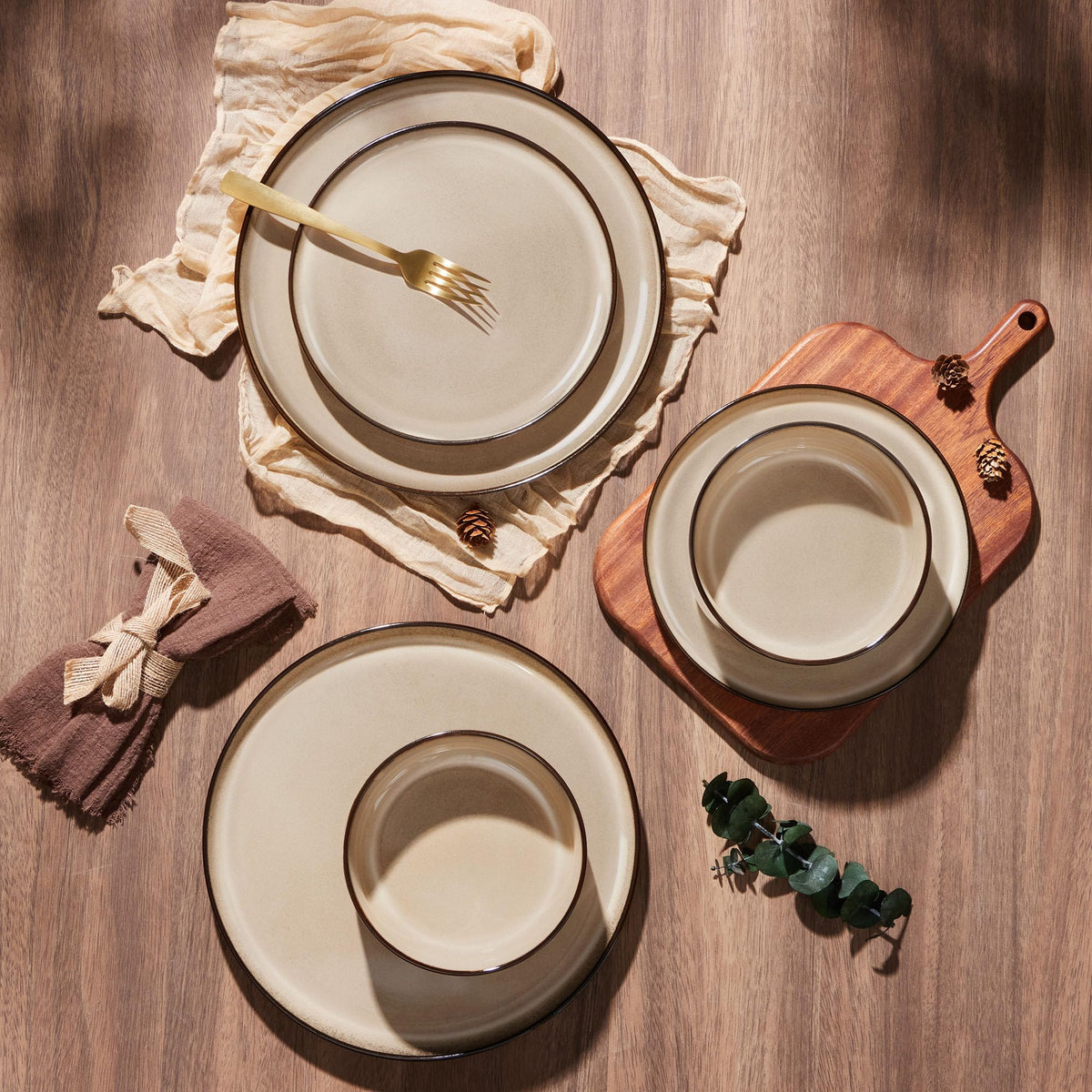 E-far 12-Piece Plates and Bowls Set, Stoneware Dinnerware Sets for 4, Reactive Glaze Ceramic Dinning Ware Dishes, Microwave & Dishwasher Safe - Sandy Beige