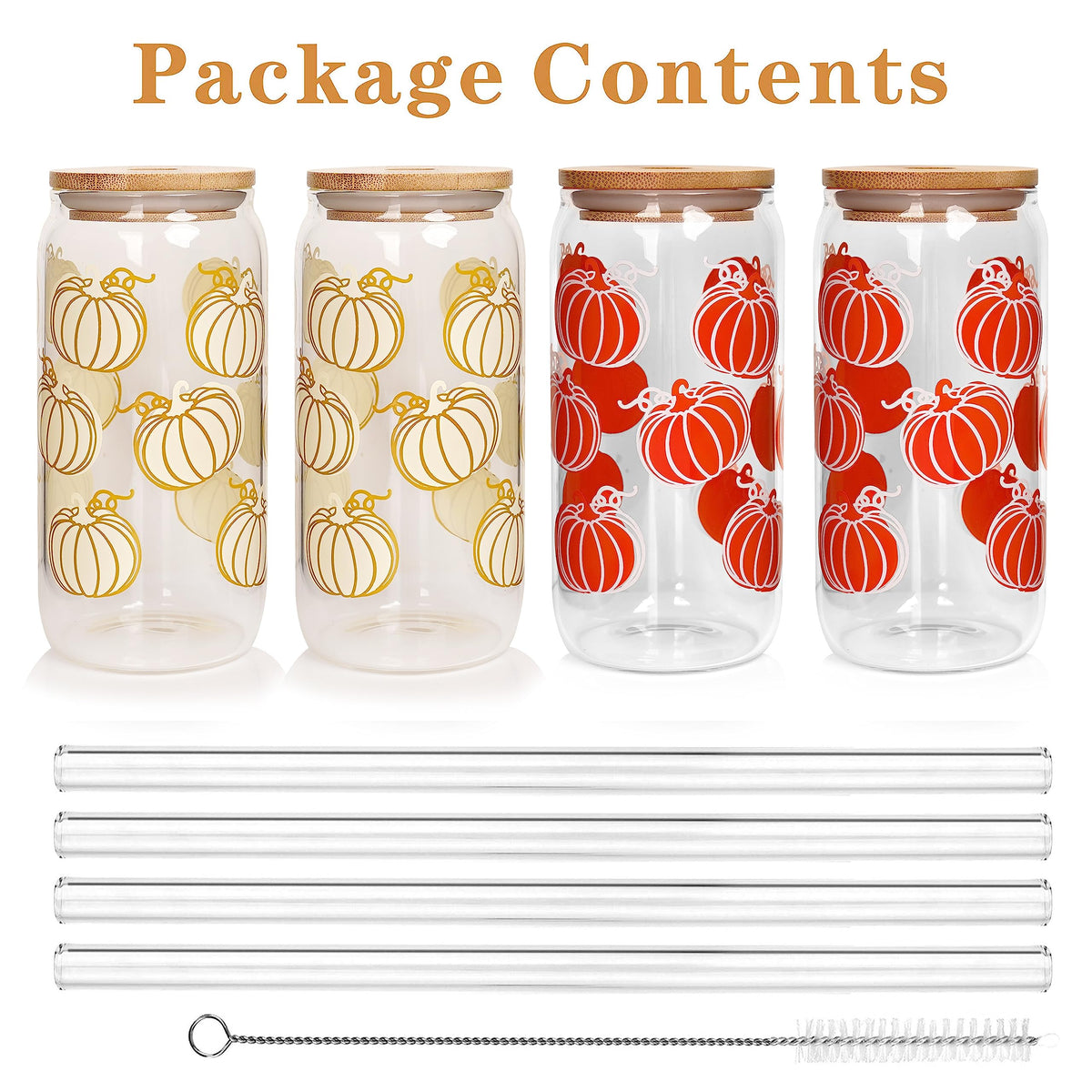 ANOTION Cute Iced Coffee Glass Cups, 18oz Pumpkin Tumbler Set - 4 Packs Fall Mug with Lids and Straws - Fall Wedding Gifts, Thanksgiving Decor, Family Gifts