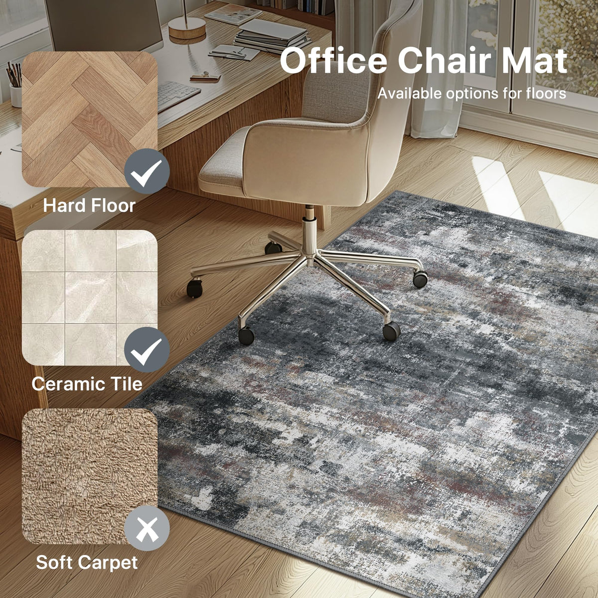 Office Chair Mat for Hardwood Tile Floor, Abstract 48"X 60" Desk Mats for Office Chair on Rolling Chairs Carpet, Desk Anti-Slip 1/5" Thick Rug for Computer Chair, Thin Low-Pile Floor Mat, Dark Gray