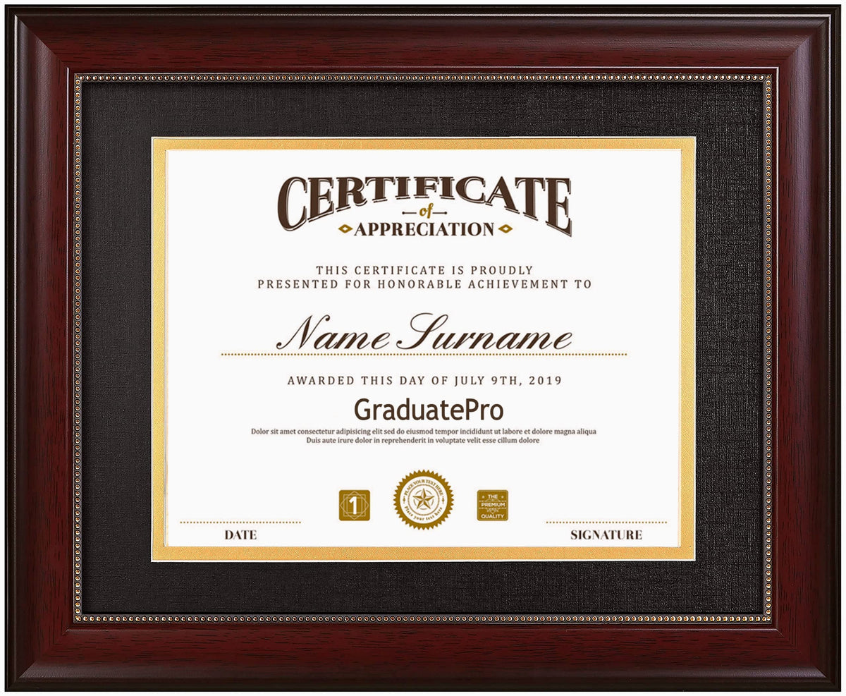GraduatePro 8.5x11 Diploma Frame with Black Over Gold Mat or Display 11x14 Document without Mat, CPA License Frame, UV Protection Acrylic, Mahogany with Gold Beads