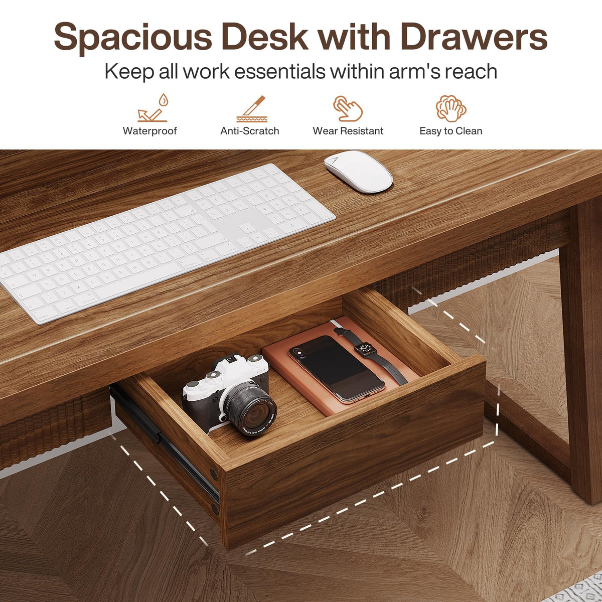 Tribesigns Home Office Executive Desk: 55 Inches Wooden Computer Desk with Drawer, Mid-Century Modern Study Writing Table, Rustic PC Laptop Desk Workstation Furniture, Walnut Brown