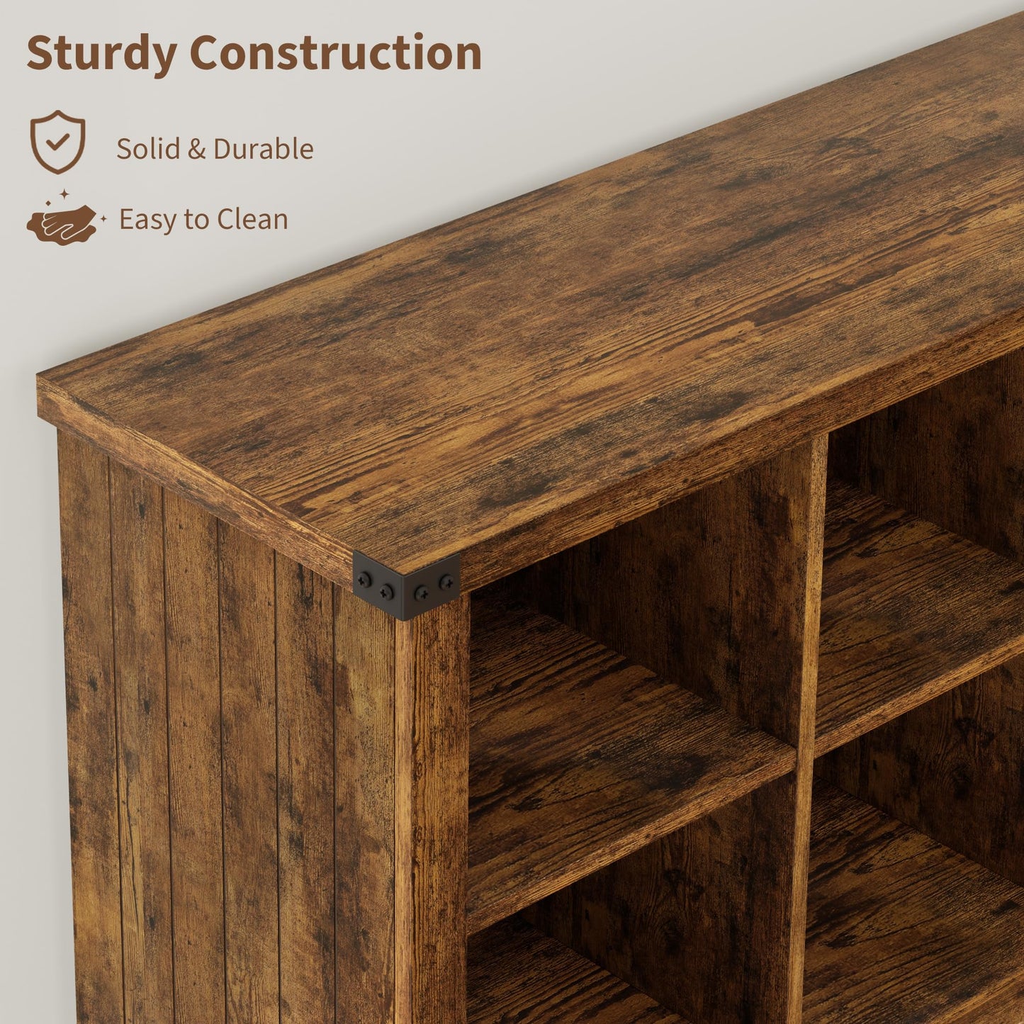 Garvee 8 Cube Book Shelf, Rustic Farmhouse Wood Horizontal Bookshelf, Long Freestanding Bookcase Cabinet, 2-Tier Storage Organizer for Living Room, Entryway, Office, Retro Brown