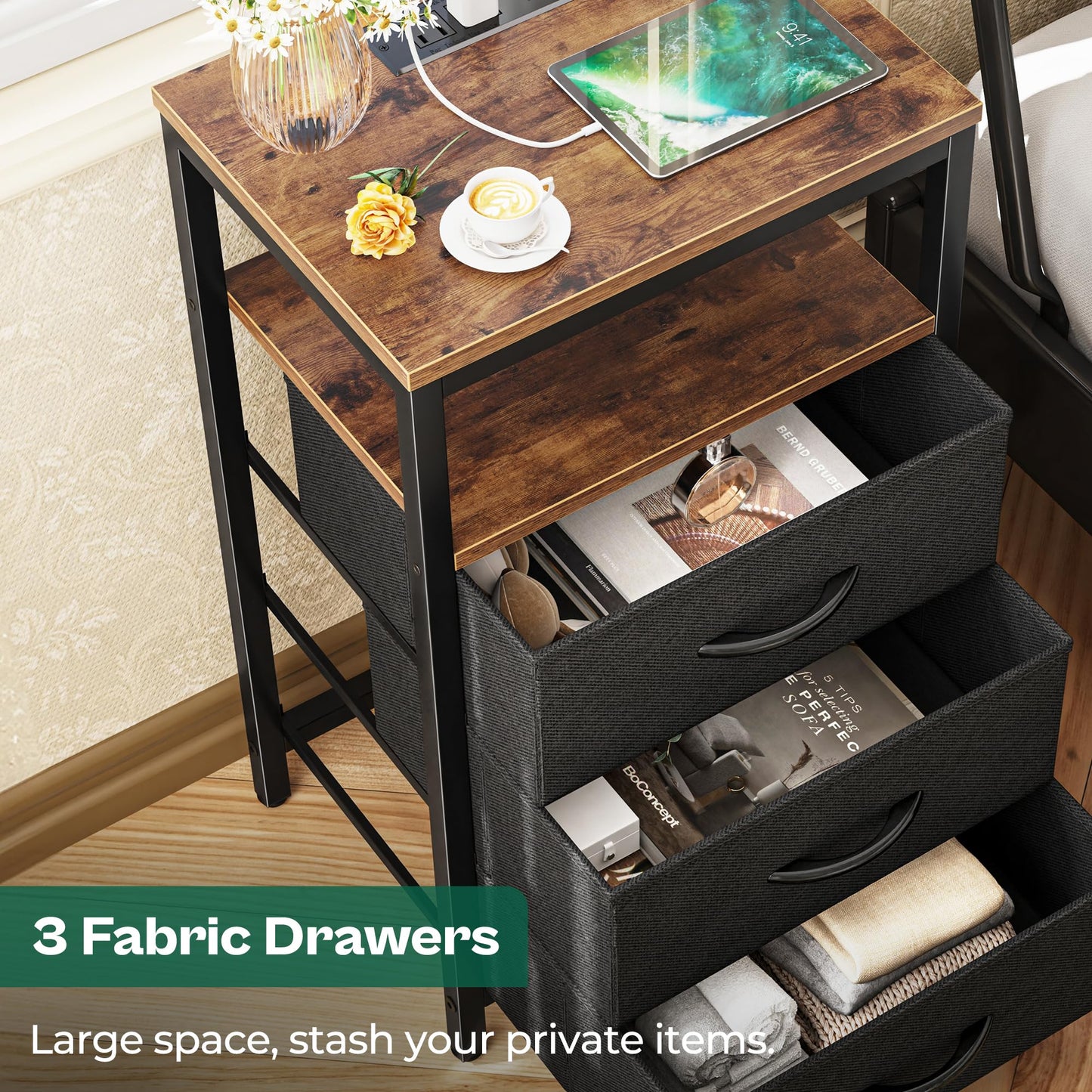 Huuger Nightstand with Charging Station, 27.6 Inch End Table Bedside Table with USB Ports and Outlets, Fabric Drawers, Night Stand for Bedroom, Rustic Brown and Black
