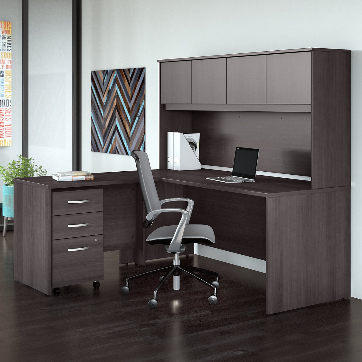 Bush Furniture Studio C 72W x 30D L Shaped Desk with Hutch, Mobile File Cabinet and 42W Return in Storm Gray