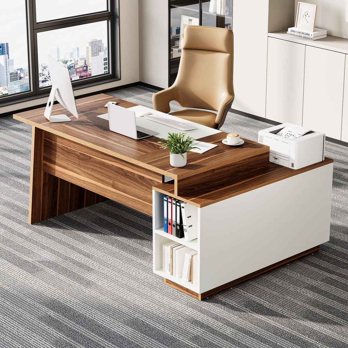 LITTLE TREE 70.5-Inch Executive Desk, Large Home Office Desk with Storage Cabinet and Open Shelves, L-Shaped Computer Corner Desk, Workstation for Office Home, Walnut and Black