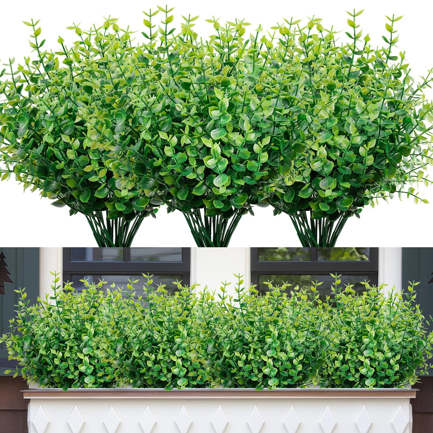 petalyn Faux Greenery Stems Plastic Artificial Boxwood, 20 Bundles Faux Boxwood Shrubs Outdoor Artificial Greenery UV Resistant for Farmhouse Office Garden Wedding Window Patio Porch Home Decor