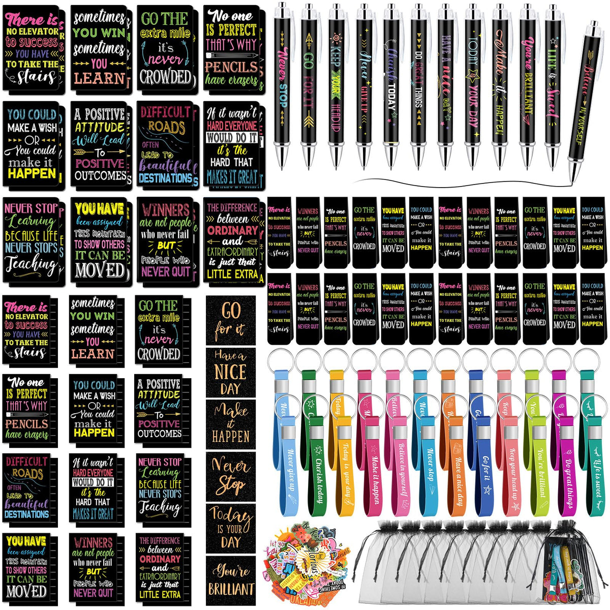 Pasimy 218 Pcs Inspirational Stationery Gifts Motivational Mini Notepad Pen Quote Bookmarks Stress Relief Stickers Inspiring Silicone Keychains for Home Office Appreciation Gift(Dark)