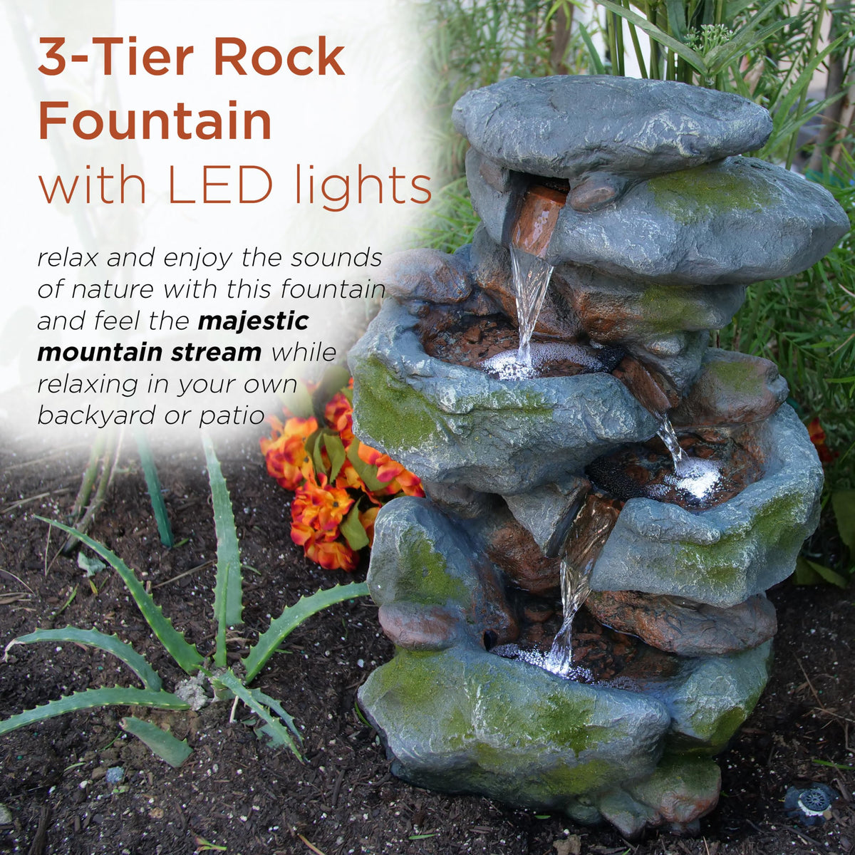 Alpine Corporation 22" Tall 3-Tier Outdoor Rock Waterfall Fountain with LED Lights, Natural Stone Look for Garden, Patio, Yard & Porch Decor, Gray