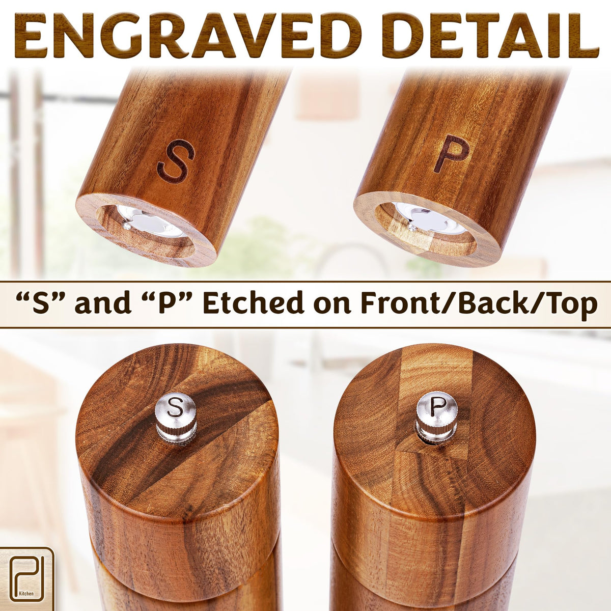 Premium Wooden Salt and Pepper Grinder Set - 28 g / 1 oz each, Acacia Solid Wood Mills - Refillable Coarse Grain Salt & Peppercorn Manual Twist Grinders - Modern or Rustic Home Table - by PJC-Kitchen