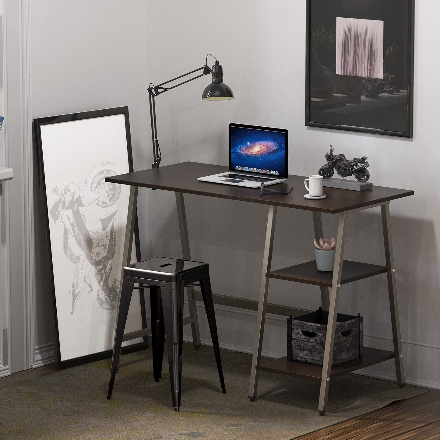 SHW 43-Inch Home Office Trestle Computer Desk with Open Storage Shelves, Espresso