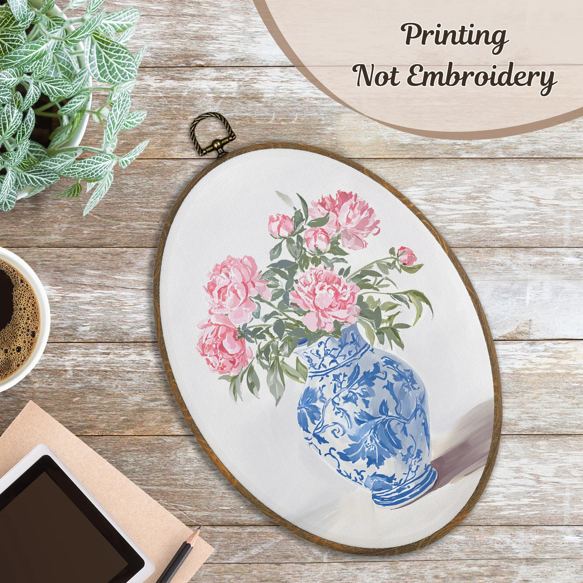 LKETW Chinoiserie Floral Oval Wall Art Decor, Blue and White Chinoiserie Porcelain Pink Flower Oval Canvas Hanging Decor, Grand Millenial Wall Decorations for Home Bedroom Office, 8.6x11.4 Inch