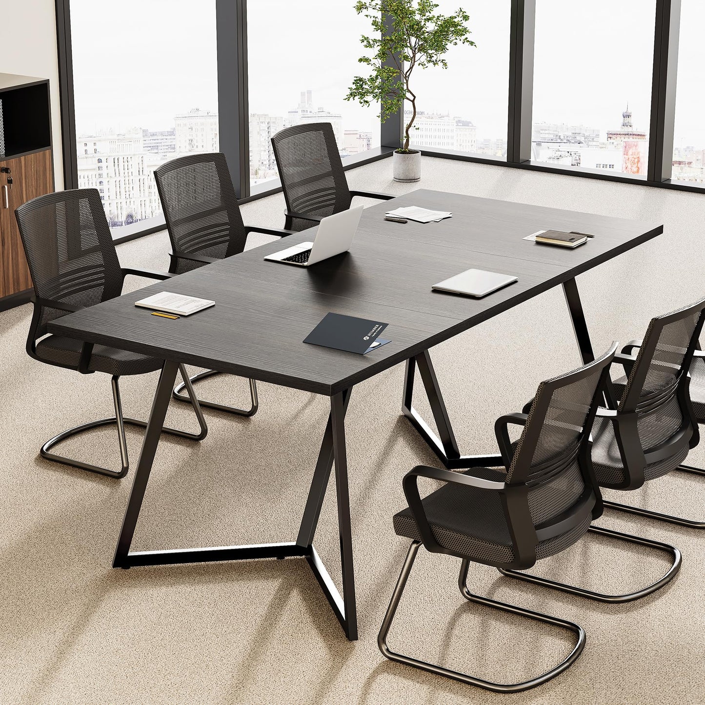 LITTLE TREE 70.86-Inch Conference Table for 8, Black Conference Room Table with Metal Base, Modern 5.9 ft Rectangular Table for Boardroom, Meeting, Conference Room