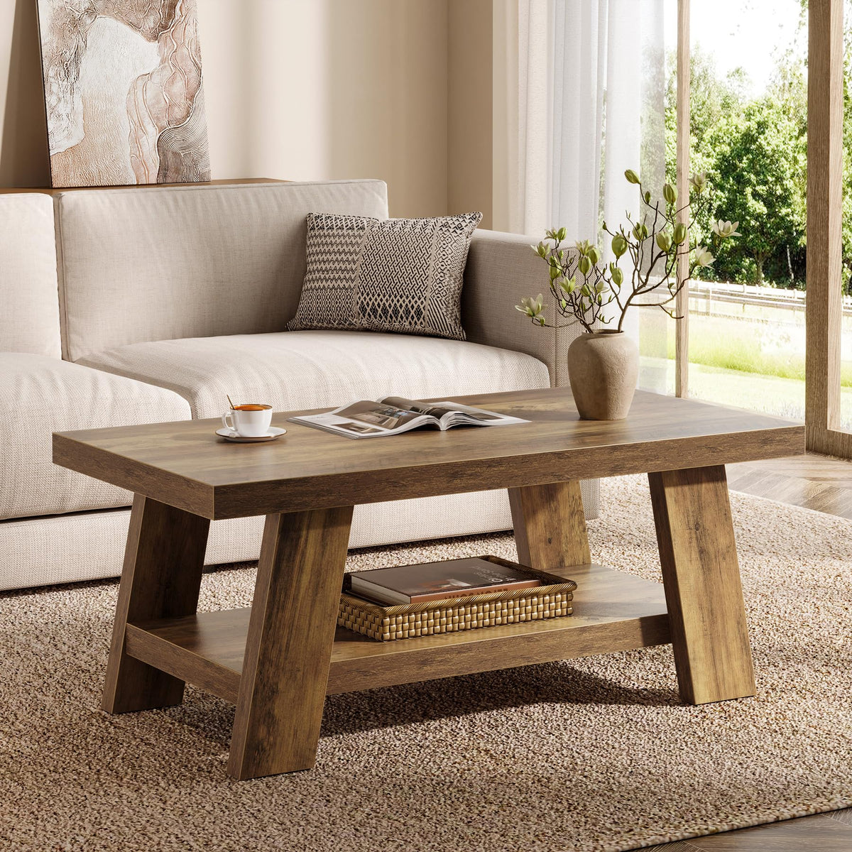 Tribesigns Farmhouse Coffee Tables for Living Room, 47.24" Rectangle Coffee Tables with Storage Shelves, Rustic Wooden Center Table for Apartment, Home Office (Rustic Brown)