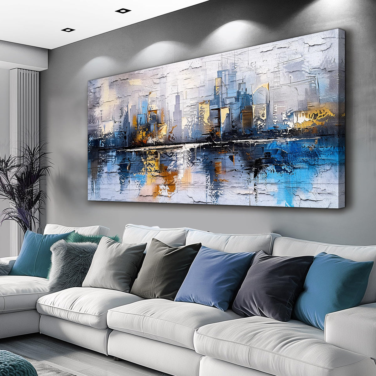 KELIYUAN Abstract City Oil Painting Large Home Decor Mural Living Room Bedroom Modern Printed Canvas Wall Art Yellow Blue Graffiti Mural Office Corridor Can Be Directly Hung Wall Decor 24 X 48 In
